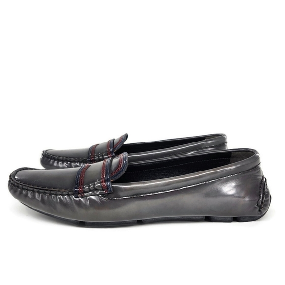 Prada Dark Grey Smooth Patent Leather Slip-On Flat Moc-Toe Penny Driving Loafer - Picture 2 of 13